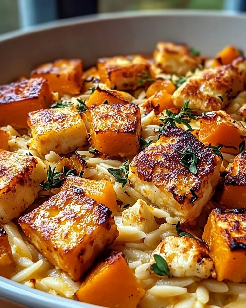 Butternut Squash and Halloumi Orzo Bake