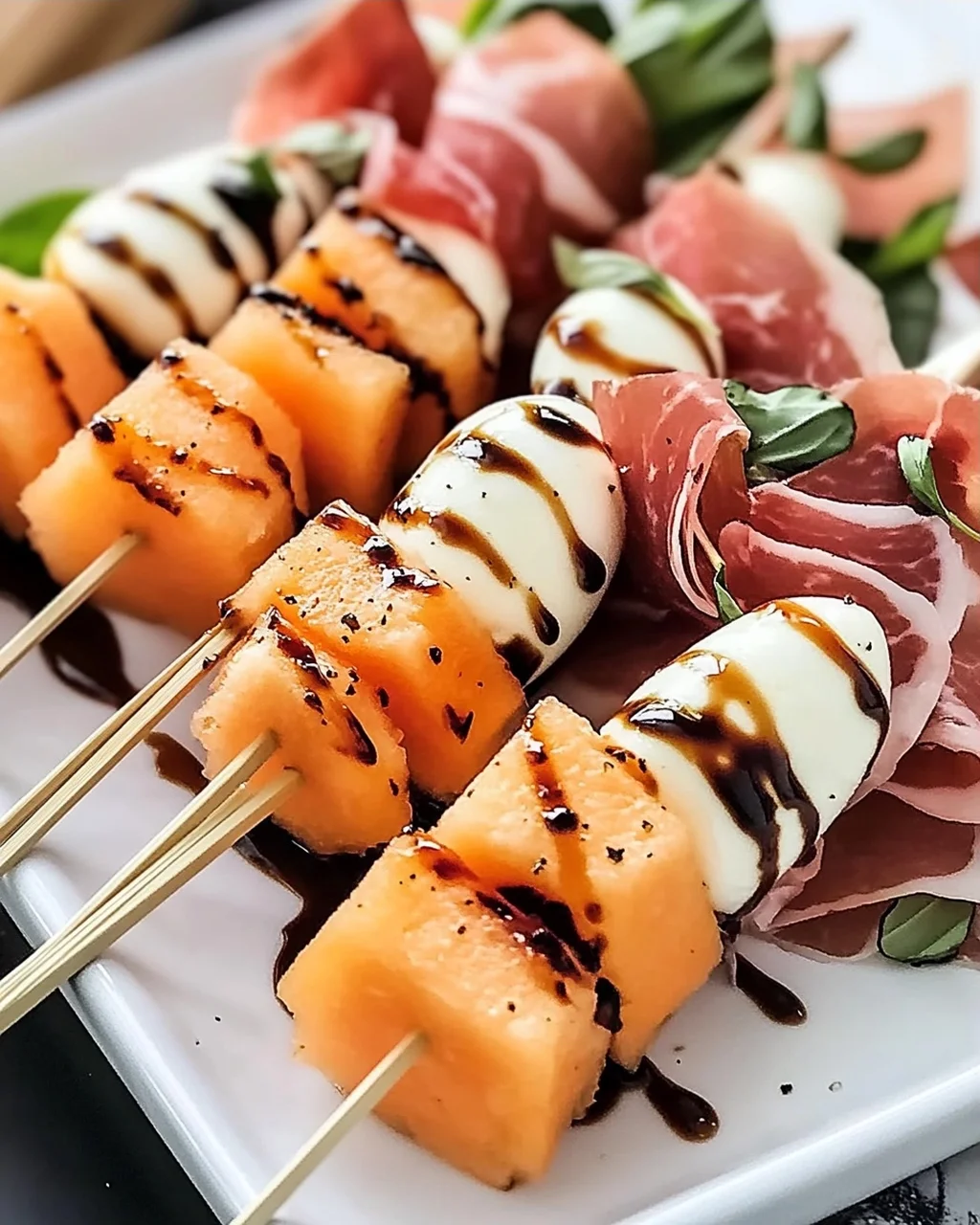 Erfrischende Melonen-, Prosciutto- und Mozzarella-Spieße