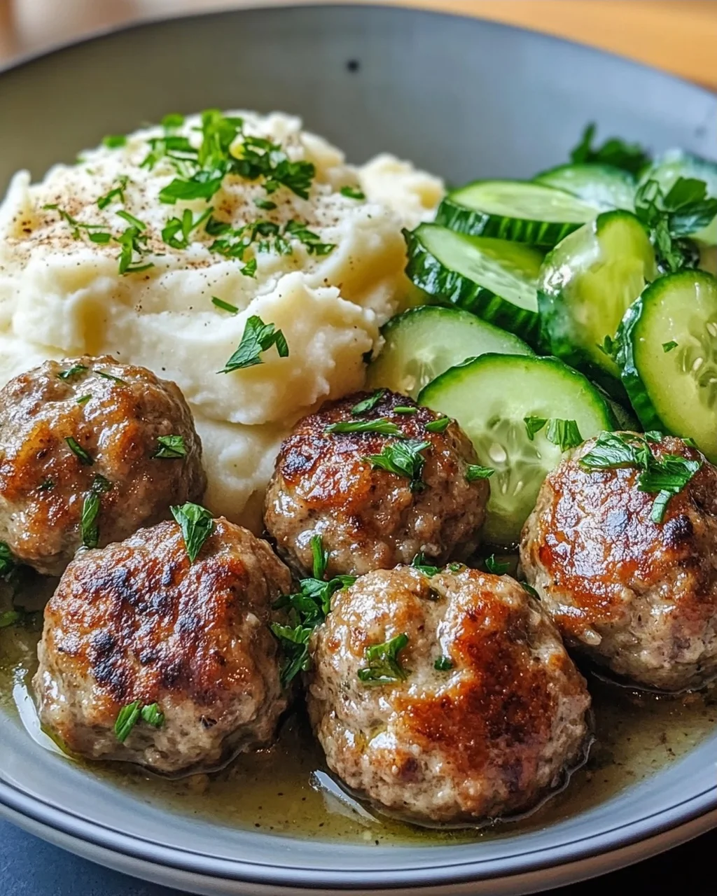 Fleischbällchen mit Gurkensalat und Kartoffelstampf