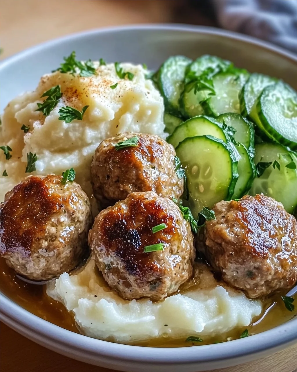 Fleischbällchen mit Gurkensalat und Kartoffelstampf