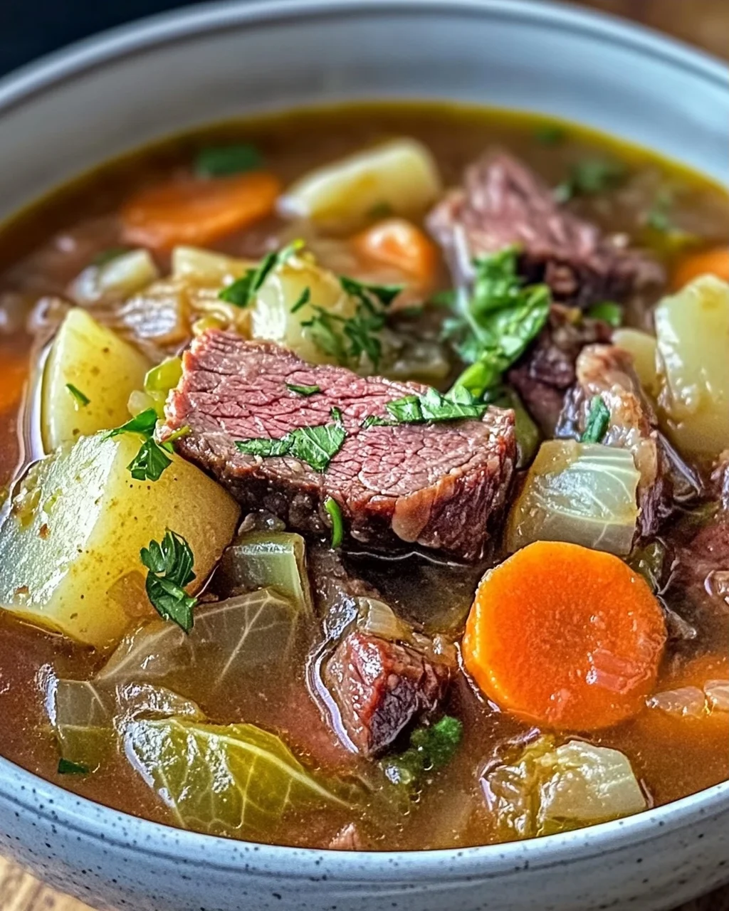 Gemütliche Rinderbrust- und Kohl-Suppe für kalte Tage