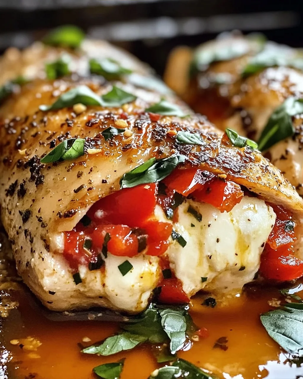 Geröstete rote Paprika und Mozzarella gefülltes Huhn