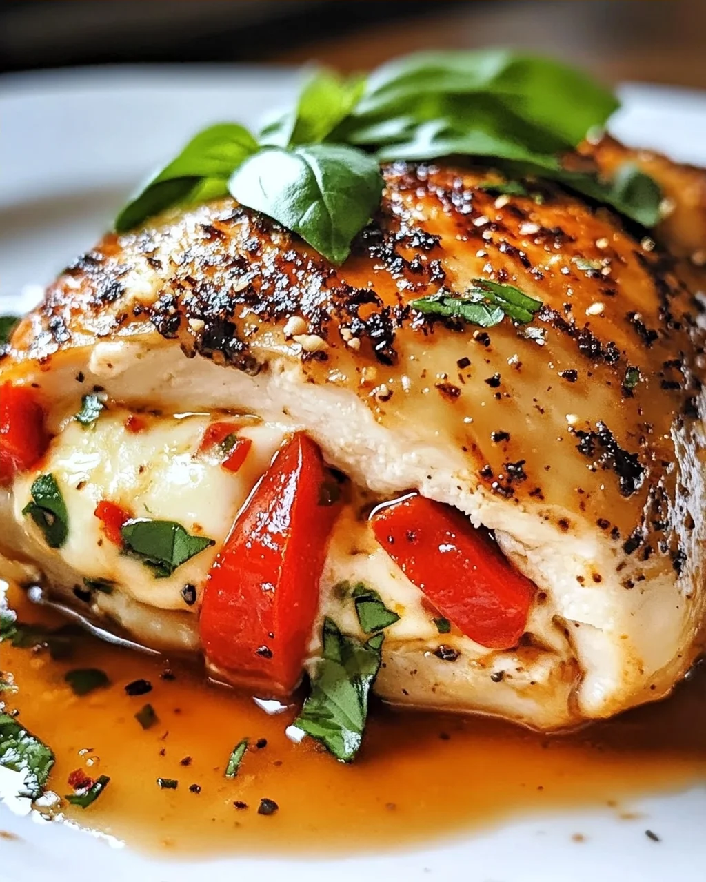 Geröstete rote Paprika und Mozzarella gefülltes Huhn