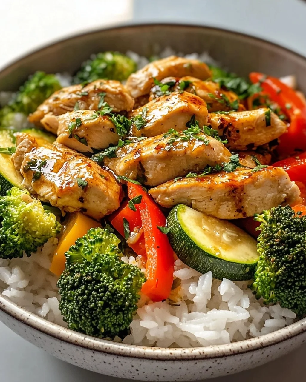 Hähnchen Reis Bowl mit Knoblauchbutter & frischem Gemüse