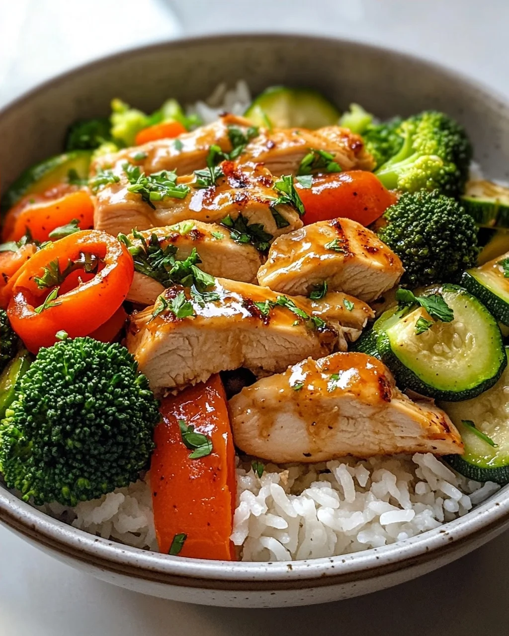 Hähnchen Reis Bowl mit Knoblauchbutter & frischem Gemüse
