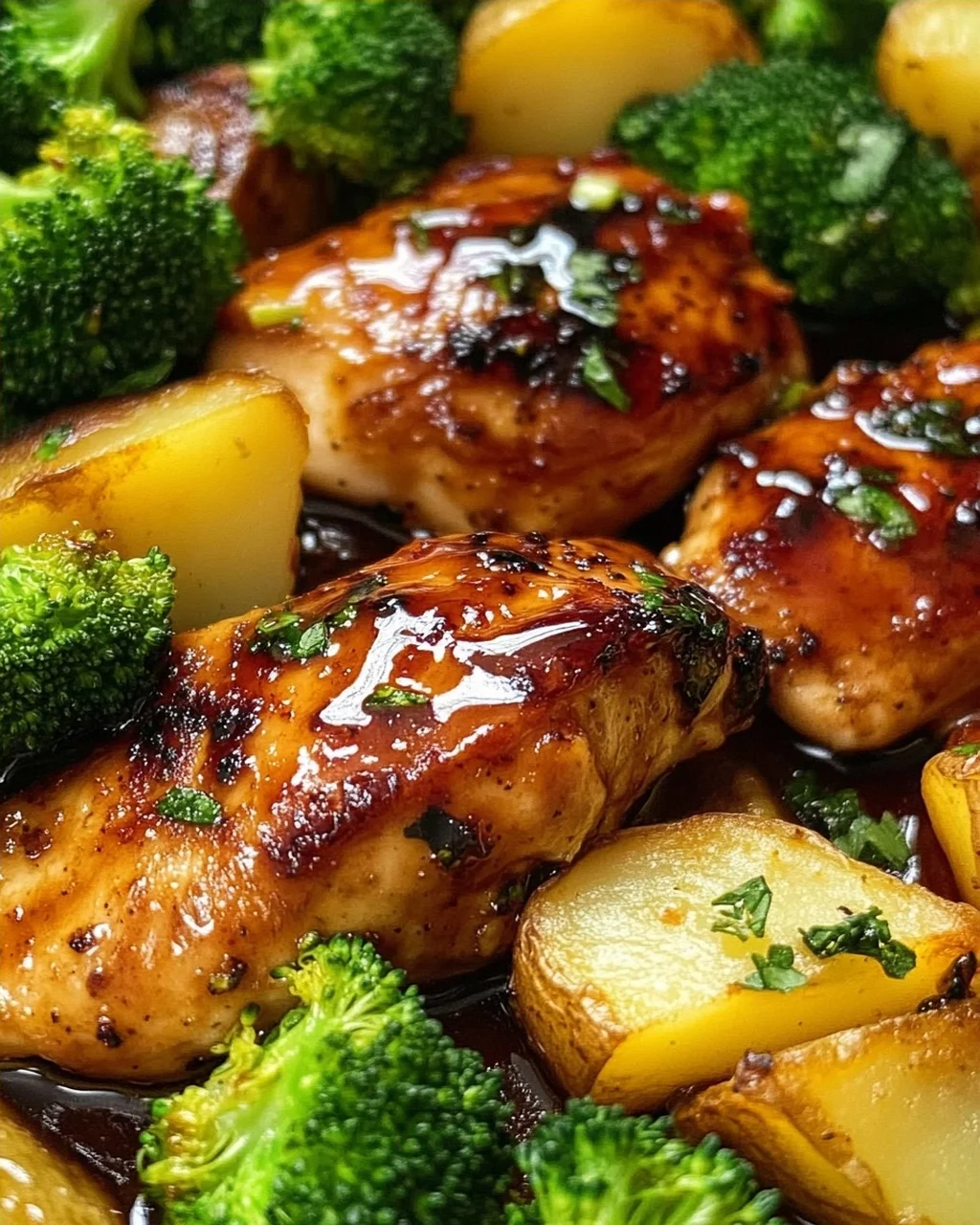 Honig-Knoblauch-Hähnchen mit Brokkoli und Kartoffeln aus dem Ofen