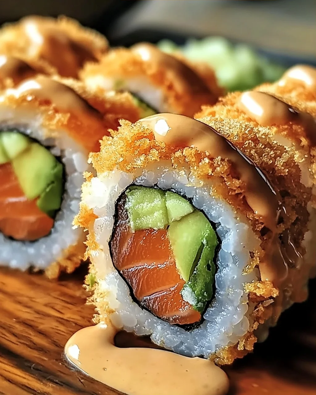 Knusprige frittierte Lachs- und Avocado-Rollen genießen