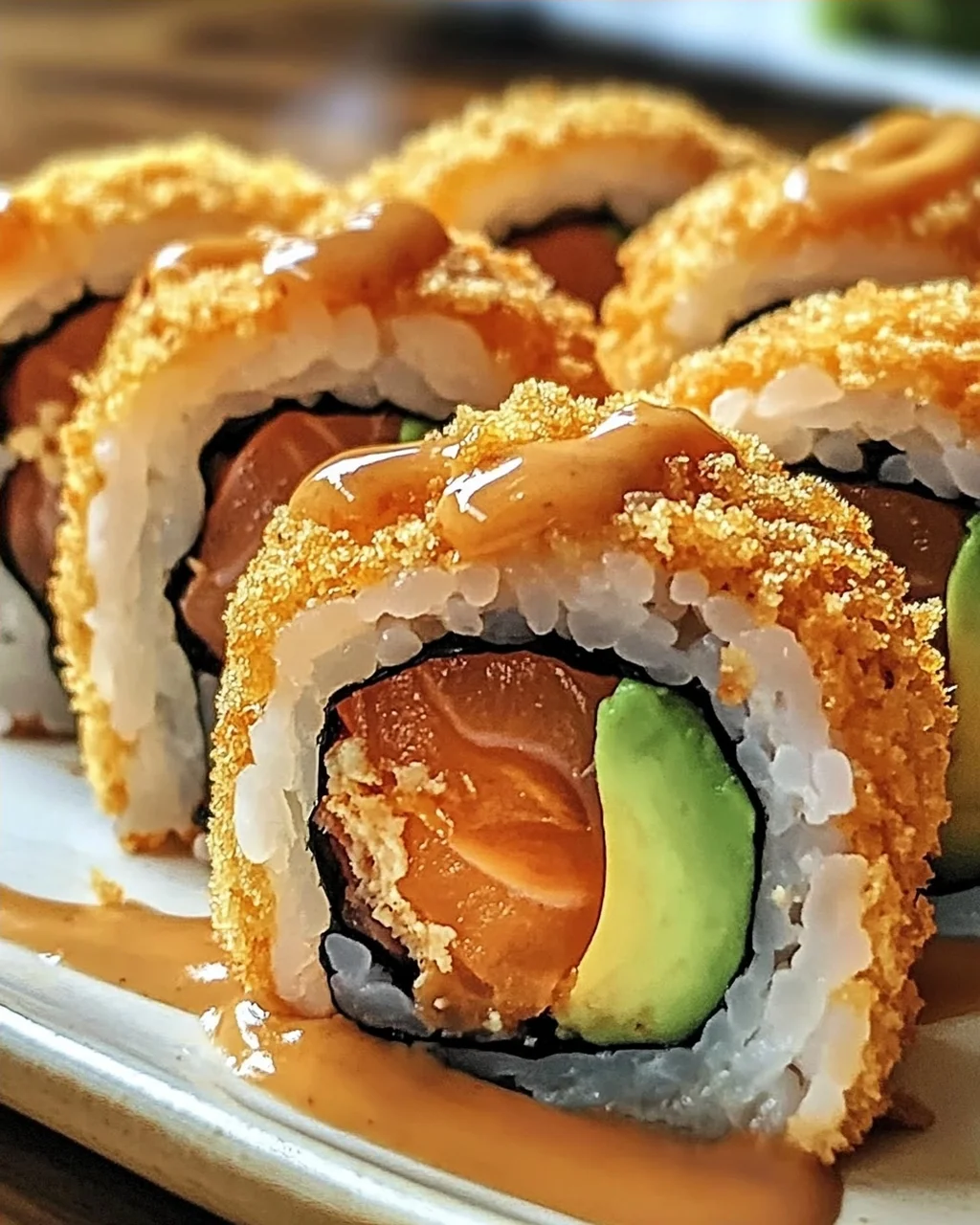 Knusprige frittierte Lachs- und Avocado-Rollen genießen