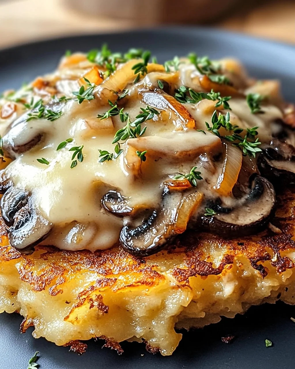 Mozzarella Rösti mit Zwiebel-Pilzrahmsoße