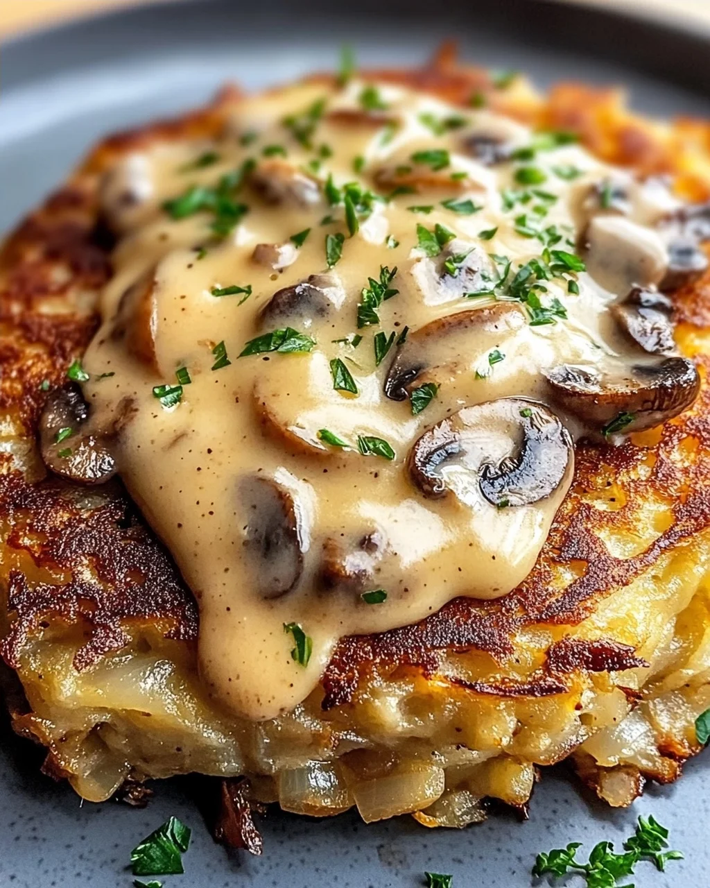 Mozzarella Rösti mit Zwiebel-Pilzrahmsoße