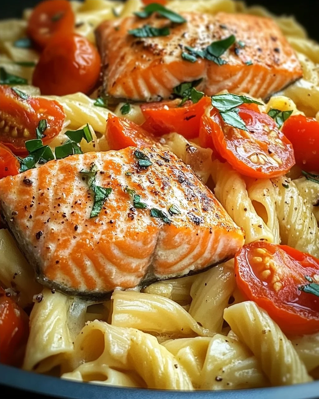 Ofen-Lachs-Pasta mit Tomaten