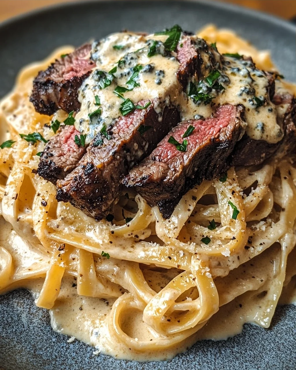Pikantes Steak Gorgonzola Alfredo mit cremiger Parmesan-Soße