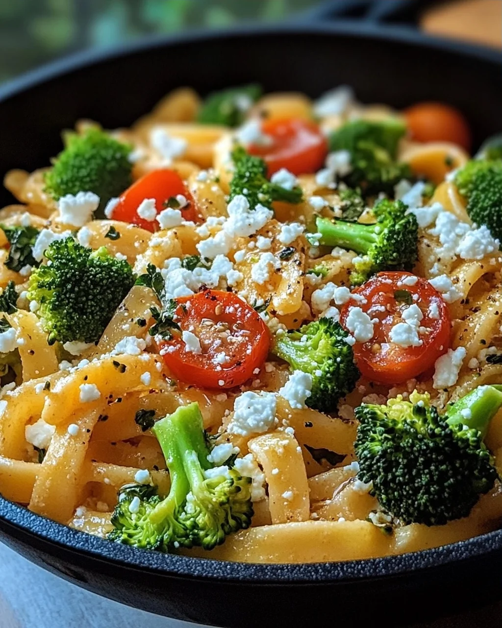 Schupfnudelpfanne mit Brokkoli, Feta und Tomaten