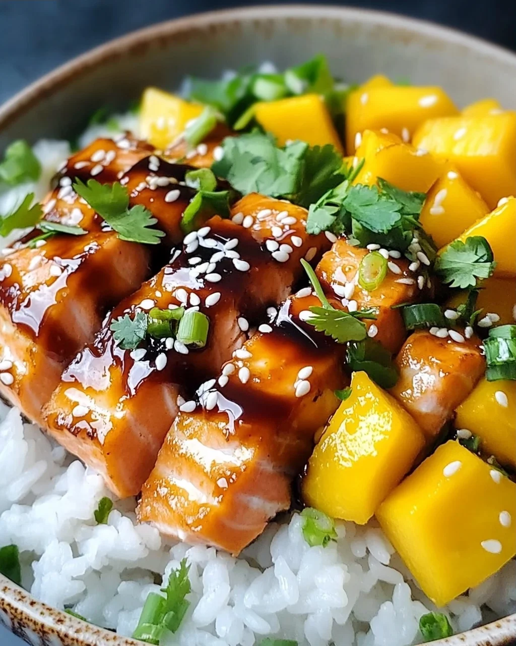 Teriyaki Lachs Reisschüssel mit Mango