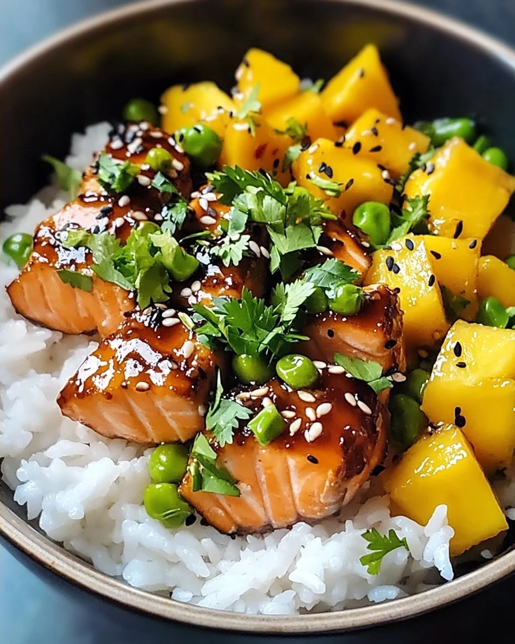 Teriyaki Lachs Reisschüssel mit Mango