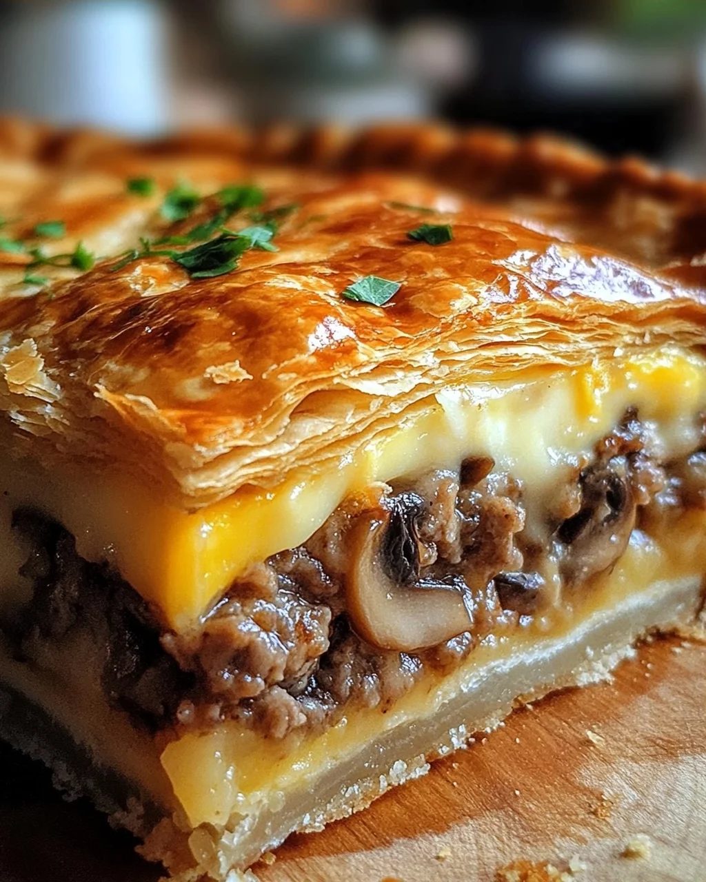 Torte mit Pilzen, Hackfleisch und Käse