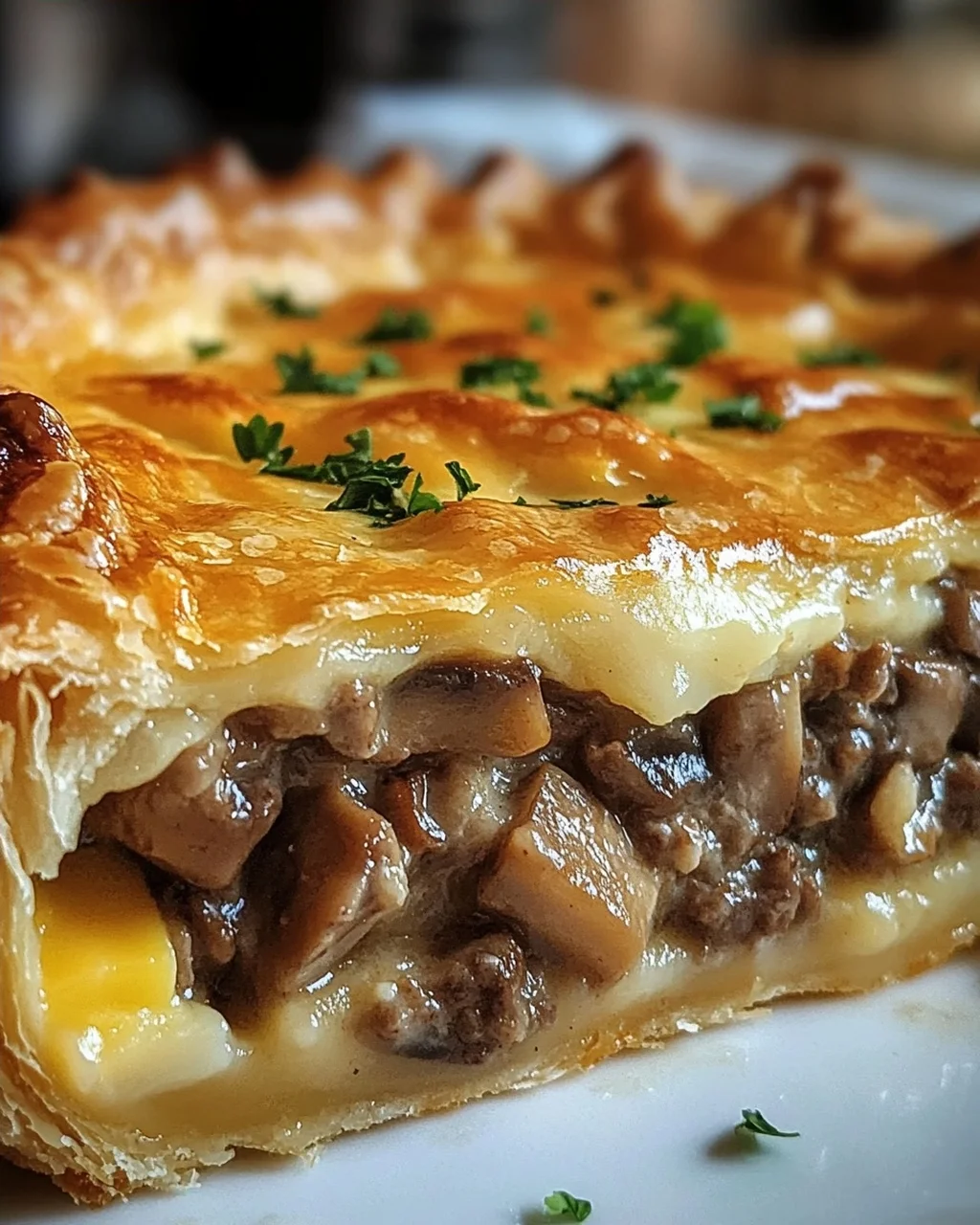 Torte mit Pilzen, Hackfleisch und Käse
