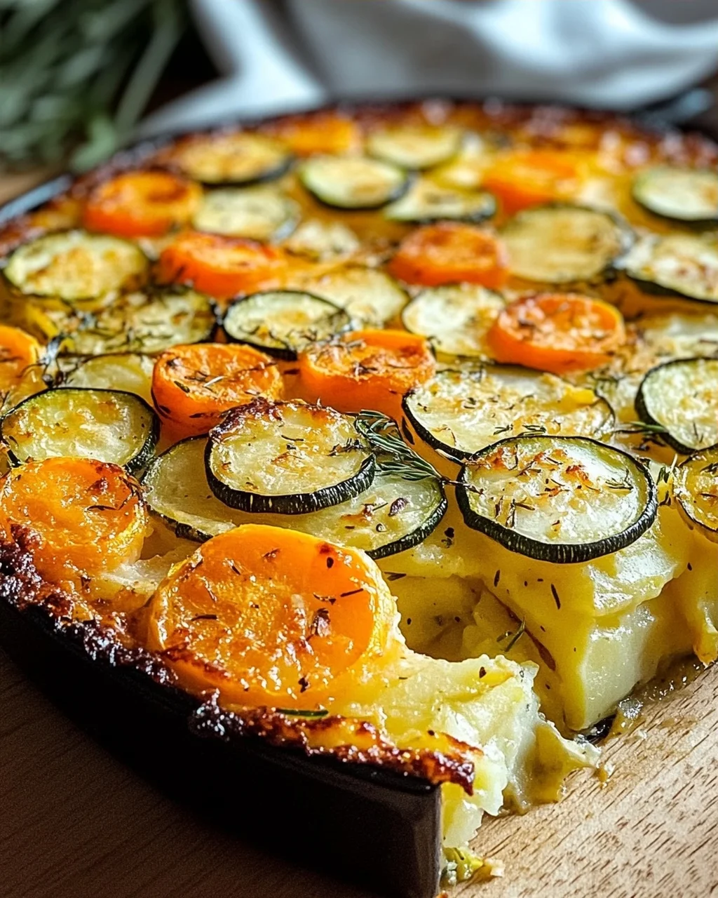 Vegetarischer Kartoffelauflauf mit Zucchini, Karotten und Zwiebeln