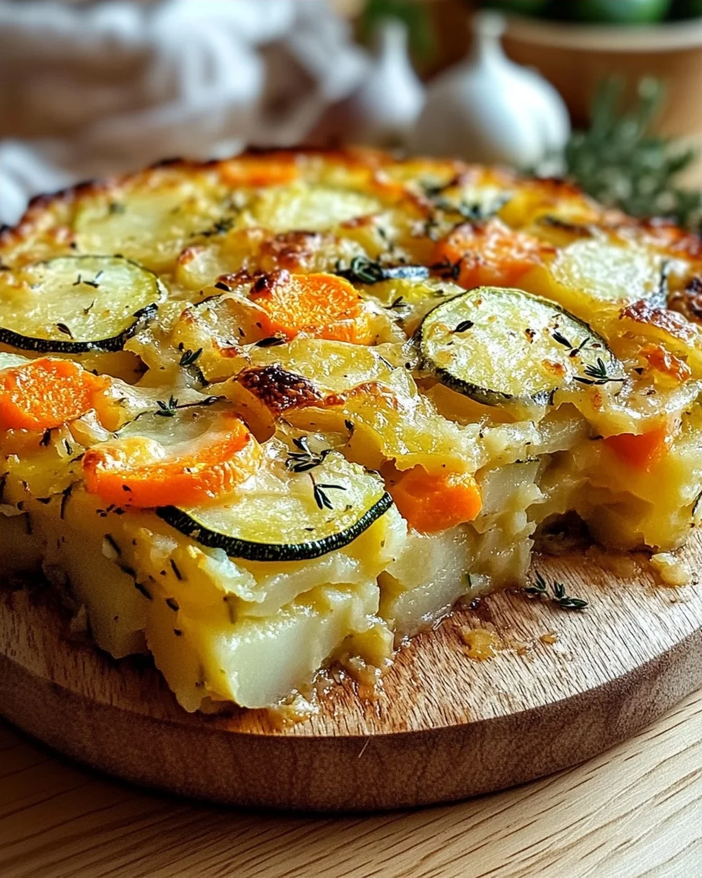 Vegetarischer Kartoffelauflauf mit Zucchini, Karotten und Zwiebeln