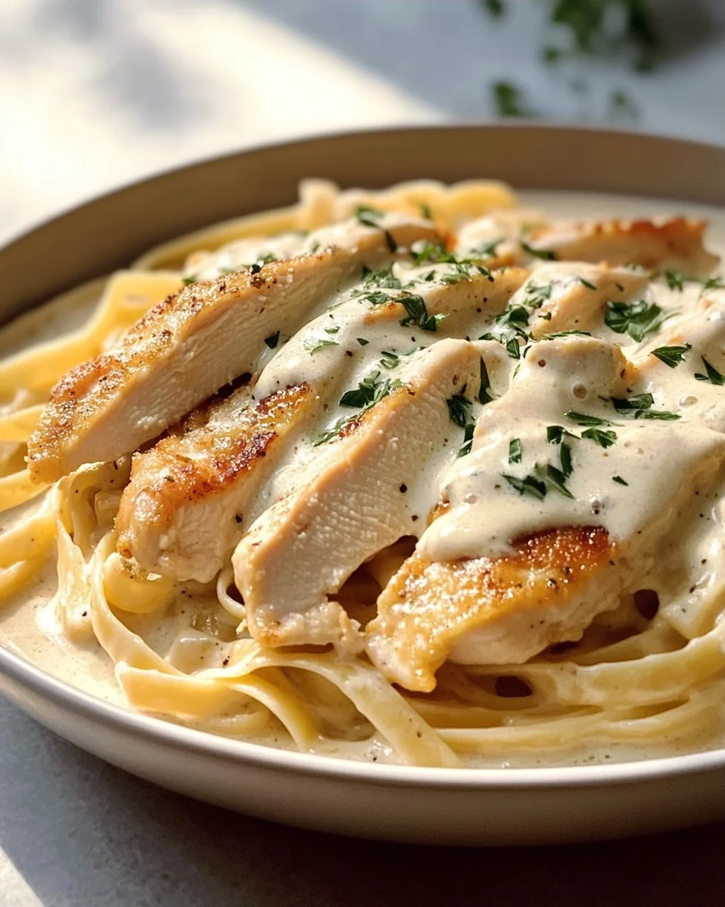 Zarte Hähnchenstreifen mit cremigen Nudeln in Sahnesauce