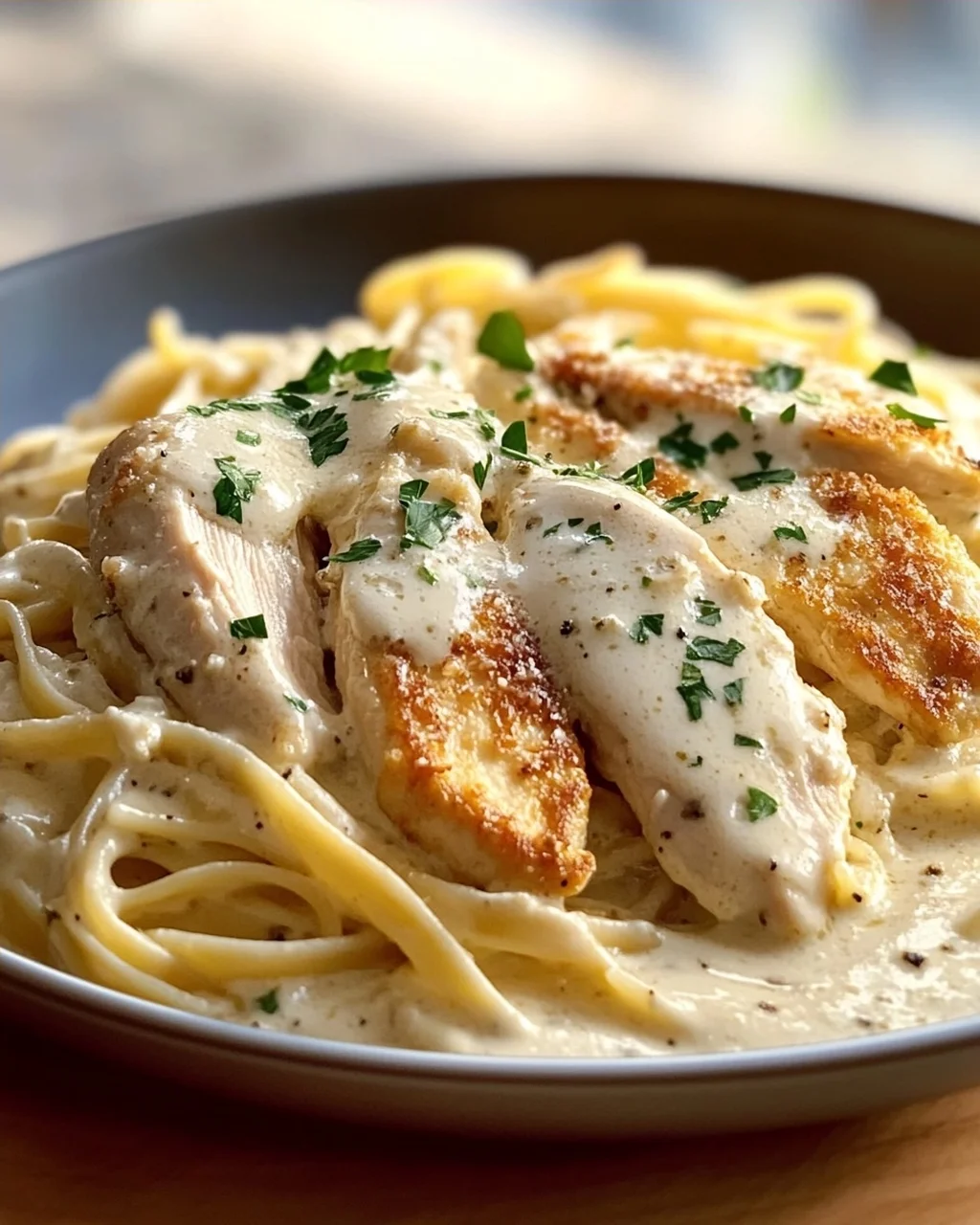 Zarte Hähnchenstreifen mit cremigen Nudeln in Sahnesauce